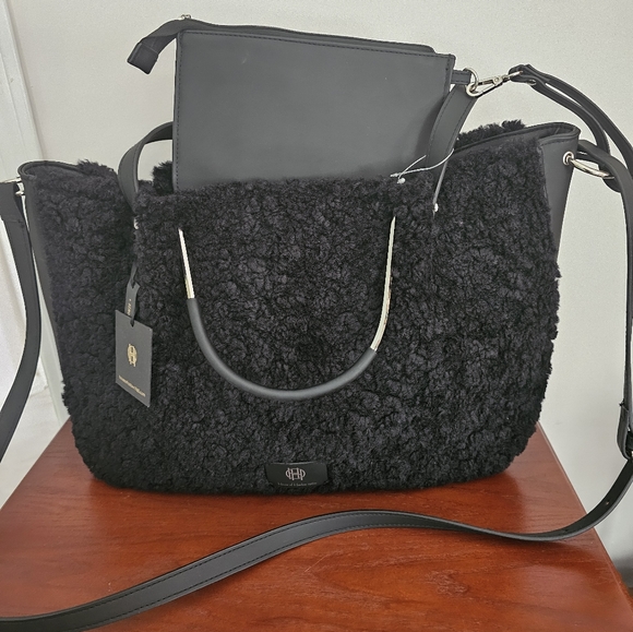 Original HOUSE OF HARLOW 1960 Sherpa Weekender Satchel Bag Black Wristlet - Picture 1 of 3